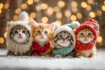 Four adorable kittens wearing knitted hats and scarves