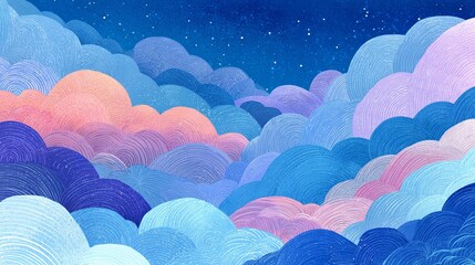 Soft blue gradient background with abstract sky doodle pattern, playful lines and pastel colors create a cheerful, light, and modern design that evokes a youthful, airy, and creative summer atmosphere