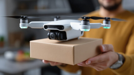 Change in consumer behavior, Food delivery drone is landing outside apartment, showcasing modern technology and convenience. scene captures excitement and innovation