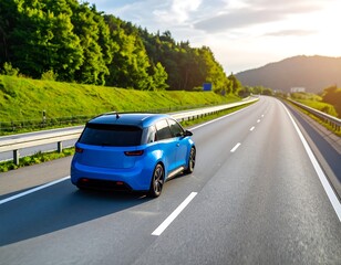 Blue electric car on highway