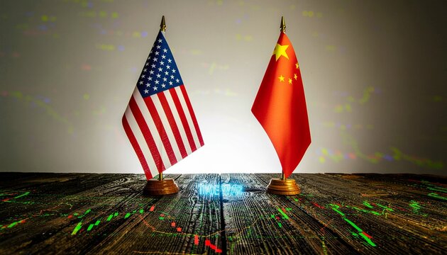 US and China Flags on Table with Stock Market Data