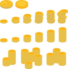 Flat isometric gold coin stack vector collection without symbol for game UI, infographic, financial app, and web design asset