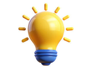 Bright yellow light bulb with blue base and radiating light rays isolated on transparent background