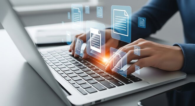 Typing on Laptop with Document Icons Representing Digital Transformation Data Management and Cloud Storage Solutions for Modern Business - Powered by Adobe