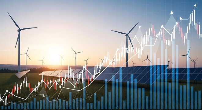 Renewable Energy Investment Growth with Solar Panels and Wind Turbines Displaying Positive Financial Market Trends