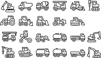 Vector lifting vehicles icon set including crane, forklift, tow truck, scissor lift, cherry picker, and hoist. Ideal for construction, transport, and logistics themes.


