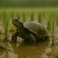 Fototapeta premium turtle in the pond-Turtles search for water sources to move to in the rainy season.