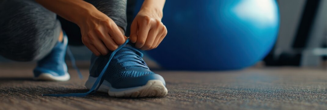 Close-up view of tying sport shoes before a workout, Asian female hands in motion, clean gym flooring, blue fitness ball adding contrast in composition, wide cinematic angle - Powered by Adobe