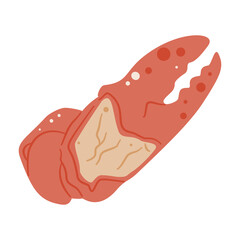 Simple illustration of a cooked red crab or lobster claw with meat exposed, ideal for seafood and gourmet food themes.