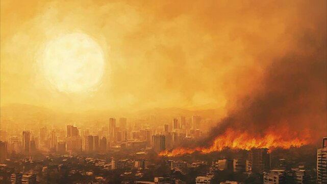City ablaze: A fiery sunset apocalypse