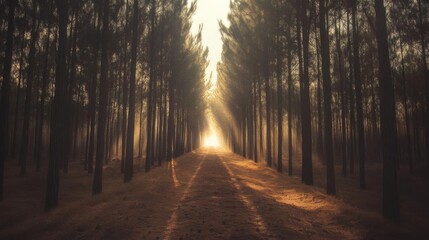 Obraz premium Walk Through Forest Trail With Bright Light At The End, Dark Theme