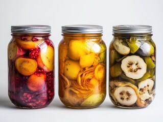 Fermented fruits with rich colors and textures, isolated on a plain white background, showing their fermented details