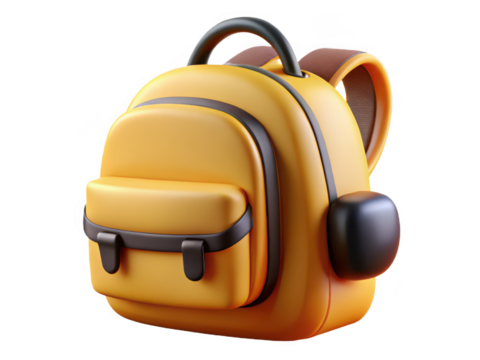 Stylized 3d rendered yellow backpack with brown accents and black details isolated on transparent background