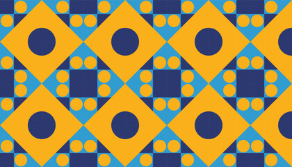 Geometric pattern featuring bold circles and squares in a blue and yellow tile arrangement