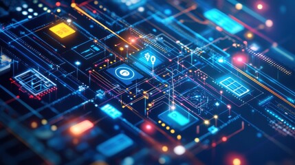 Obraz premium Futuristic Digital Network with Glowing Circuitry, Data Flow, and Technology Icons Depicting Connection, Communication, and Innovation in Modern Computing