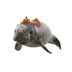 Fototapeta premium Festive Dugong Halloween Marine Mammal with Pumpkins and Garland