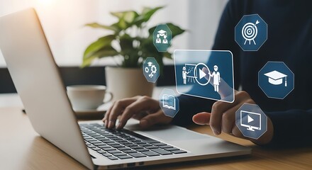 Online Education and Learning Platform Concept with Person Using Laptop and Virtual Icons Representing Different Learning Resources