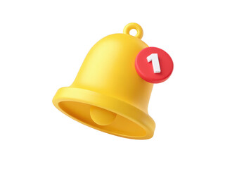 Bright yellow notification bell with red circle badge showing number one isolated on transparent background