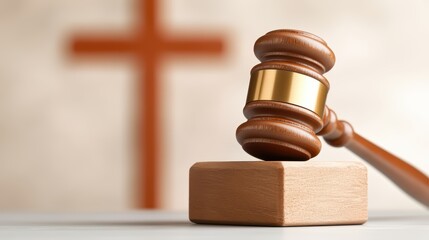 A wooden judge"s gavel rests on a block with a blurred cross in the background, symbolizing law, justice, and religious influence in legal matters.