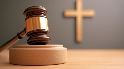 A wooden judge's gavel rests on its sound block with a blurred Christian cross in the background, symbolizing the intersection of law and religion.