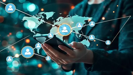 Person holding smartphone with global network connections and user icons, illustrating digital communication - Powered by Adobe