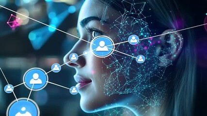 Woman's profile illuminated by digital connections, showcasing technology and innovation in a futuristic setting - Powered by Adobe