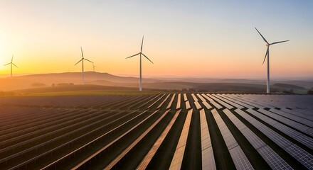 Sustainable Energy Landscape Solar Panels and Wind Turbines at Sunset a Vision of Clean Power Generation
