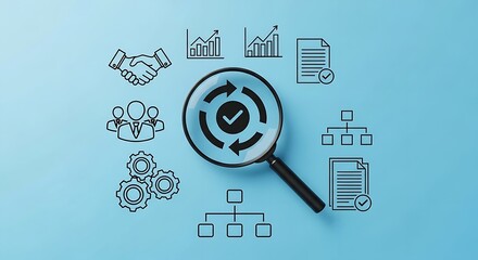 Business process review with magnifying glass on blue background with graphs and team icons