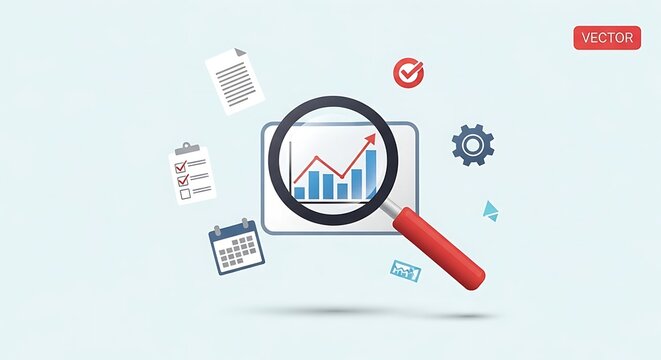 Magnifying glass focusing on a bar graph with a red arrow pointing upward on a light blue background