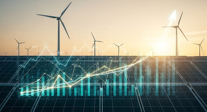 Renewable Energy Growth Graph Showing Wind Turbines and Solar Panels at Sunset