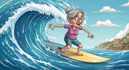 Grandma's Epic Surfing Adventure:  A Vibrant Coastal Scene of a Spirited Senior Riding a Massive Wave