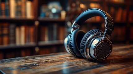 Modern headphones mockup on wooden table in cozy library setting

