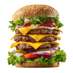 Delicious and generous triple cheeseburger with fresh vegetables on a transparent background