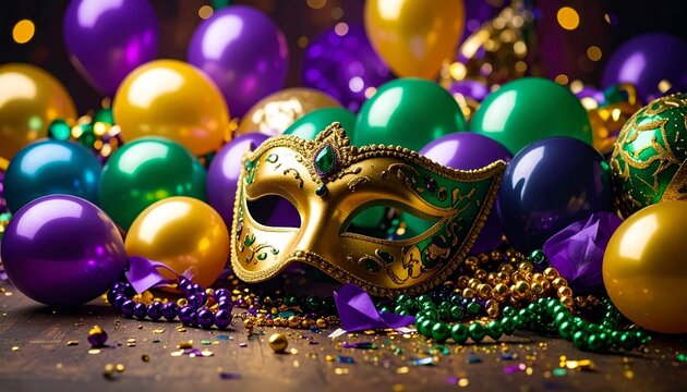 Vibrant mardi gras or carnival festivities featuring balloons, confetti, and masks.