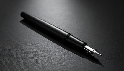 Fountain Pen with Black Matte Barrel on Dark Paper Under Top Spotlight, Editorial Detail Scene