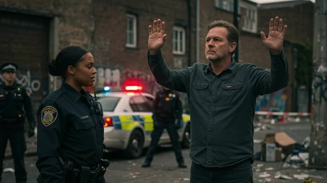 Man with hands up surrendering to a female police officer. Tense confrontation and arrest at an urban crime scene.