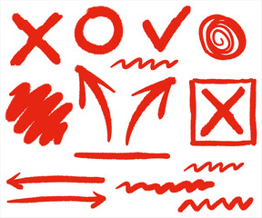 Grunge arrow brush. Drawing paint. Cross. Tick. Circle