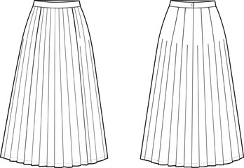 Pleated skirt CAD drawing, front and back views, fashion design, sewing pattern, apparel illustration, garment vector, clothing sketch, flat style