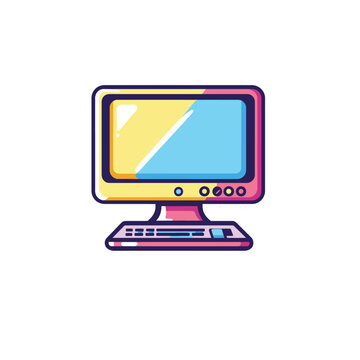 Retro Style Computer Monitor and Keyboard Illustration with Yellow and Blue Screen Display