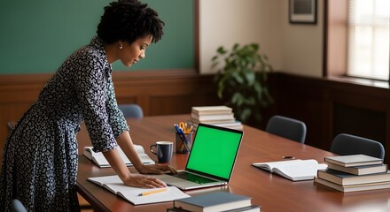 A young African-American woman stands at a large wooden table, working on a laptop with a green screen in a classroom or office setting.