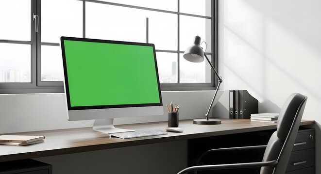 A modern workspace featuring a computer with a green screen display, desk lamp, and office supplies, set against a window background.