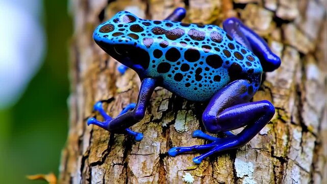 Colorful poison dart frog climbing textured tree trunk in vibrant jungle setting with closeup camera shot