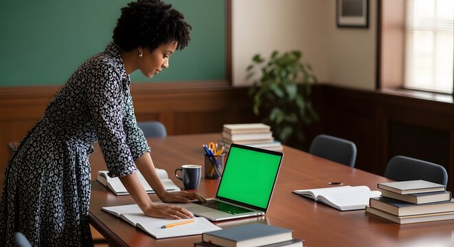 A young African-American woman stands at a large wooden table, working on a laptop with a green screen in a classroom or office setting. - Powered by Adobe