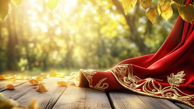 Vibrant red scarf with golden embroidery symbolizes youth and hope, evoking warmth and inspiration.