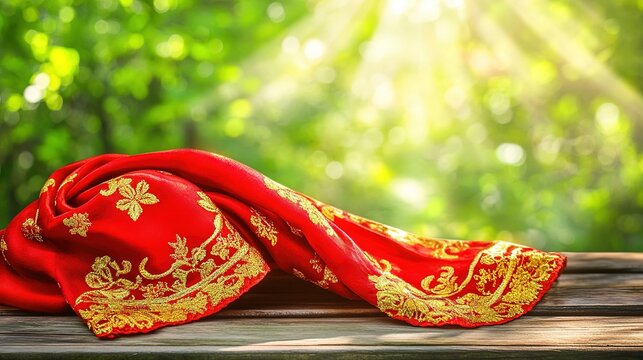 Vibrant red scarf with golden embroidery symbolizes youth and hope, evoking warmth and inspiration.