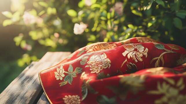 Vibrant red scarf with golden embroidery symbolizes youth and hope, evoking warmth and inspiration.