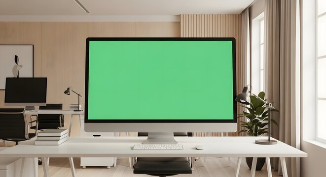 A modern office space featuring a large computer monitor with a green screen, situated on a white desk, with other workstations visible in the background.