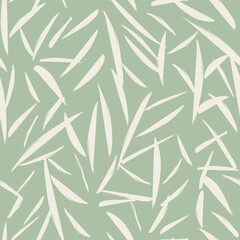 Reed leaves seamless pattern of brushstroke light leaf shapes on a green background. Monochrome hand-drawn cane painting plant illustration. Abstract nature botanical foliage endless background.