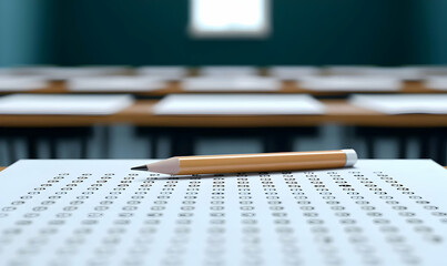 Empty Classroom with Exam Papers and Pencil on Desk Surface