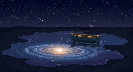Cosmic Reflection: A lone boat serenely floats on a puddle reflecting a mesmerizing galaxy under a starlit night sky.